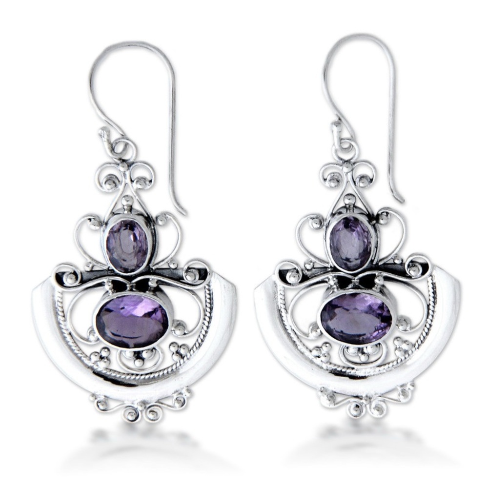 Novica Amethyst “Balinese Goddess” Silver dangle earrings- New in box